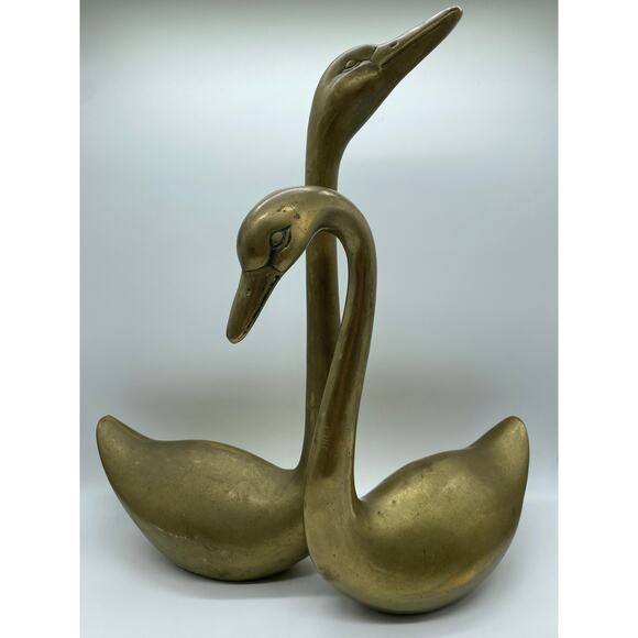 Mid Century Large Brass Swan Geese Bird Pair 16" Figurine Decor - Picture 1 of 16
